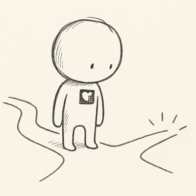 Handgezeichnete Figur mit kleinem Roboterherz steht zwischen ruhigem und blinkendem Pfad; Kopf wirkt überladen, symbolisiert Stress und impulsive Kurzwege.