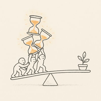 Handgezeichnetes Team balanciert glühende Sanduhren auf einer Waage gegen eine ruhige Pflanze, um Spannungsfeld von Eile, Kosten und Stabilität zu zeigen.