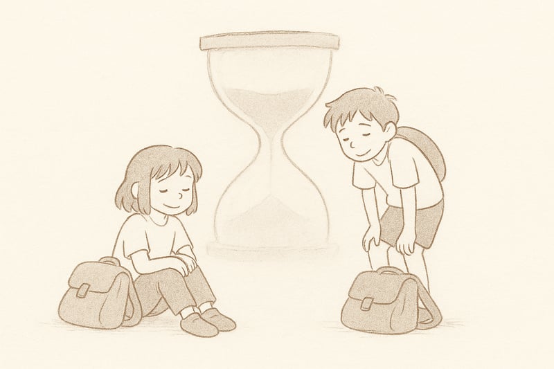 Dos figuras frente a un reloj de arena, soltando cargas mientras el viento calma el entorno; metáfora de frenar sin culpa.