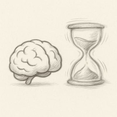Un cerebro de líneas suaves junto a un reloj de arena difuso; tensión de decidir rápido frente a la calma que permite juicio.