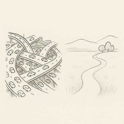 Una carretera de flechas veloces se vuelve un sendero tranquilo, símbolo del paso de urgencia frenética a foco sereno.