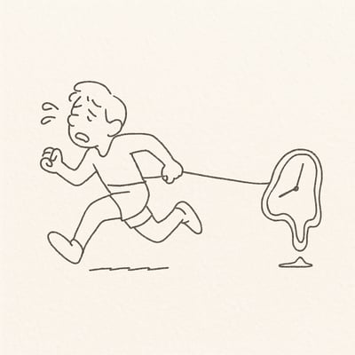 Illustration montrant un coureur ralenti par une horloge molle reliée par une corde, évoquant la tension entre vitesse et maîtrise pour rendre visibles les coûts cachés.