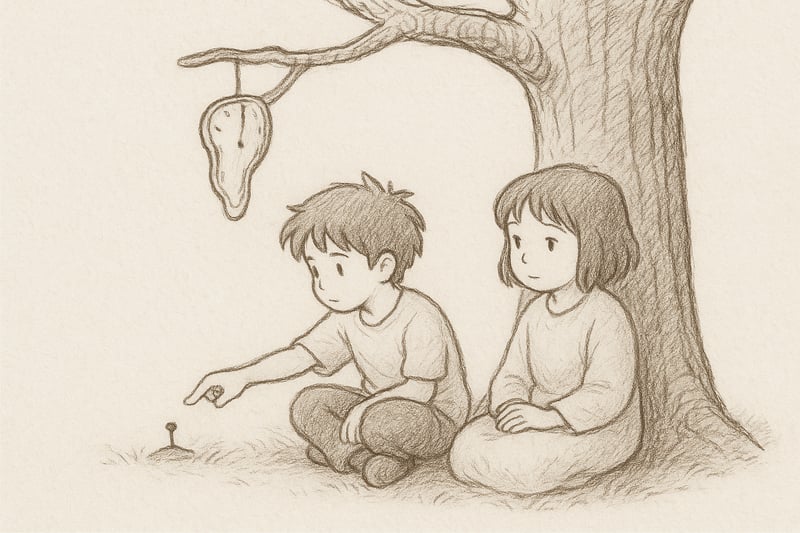 Deux personnages contemplent une horloge souple suspendue à une branche, symbole d’un temps redevenu malléable pour mieux décider sans urgence permanente.