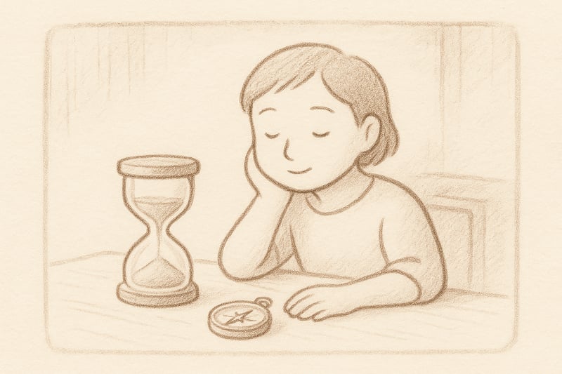 Una bussola e una clessidra su un tavolo semplice, con una mano che sceglie la direzione calma invece della strada rapida