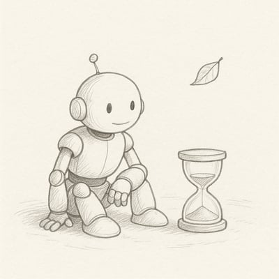 Un robot gentile guarda una clessidra e una foglia che cade, decidendo con calma quando agire e quando aspettare.