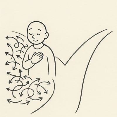 Due strade che si incrociano: una caotica e veloce, l'altra calma e chiara, con una persona che sceglie la via tranquilla.