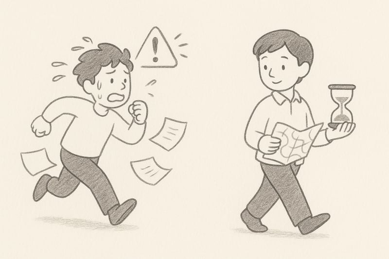 Ilustração minimalista de duas figuras: uma a correr com papéis a voar e outra a caminhar calma com um mapa, simbolizando urgência vs. estratégia consciente.