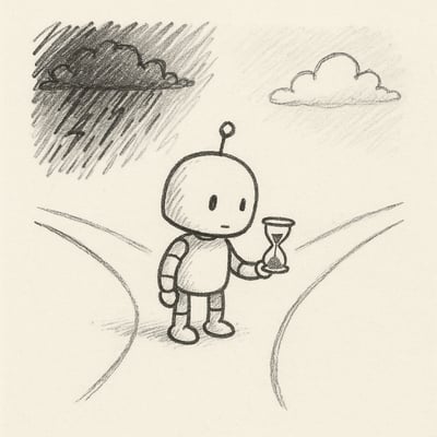 Desenho minimalista de um pequeno robô perante uma encruzilhada, com tempestade de um lado e céu calmo do outro, representando decisões sob pressão.