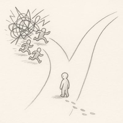 Esboço minimalista mostra dois caminhos: um caótico e acelerado, outro calmo e estável, simbolizando custos da urgência e do ritmo sustentável.