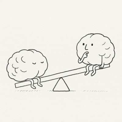 Balansscène met twee breinfiguren: snelle intuïtie versus bedachtzame controle, verbeeldt verschuiving onder stress richting automatische reacties.