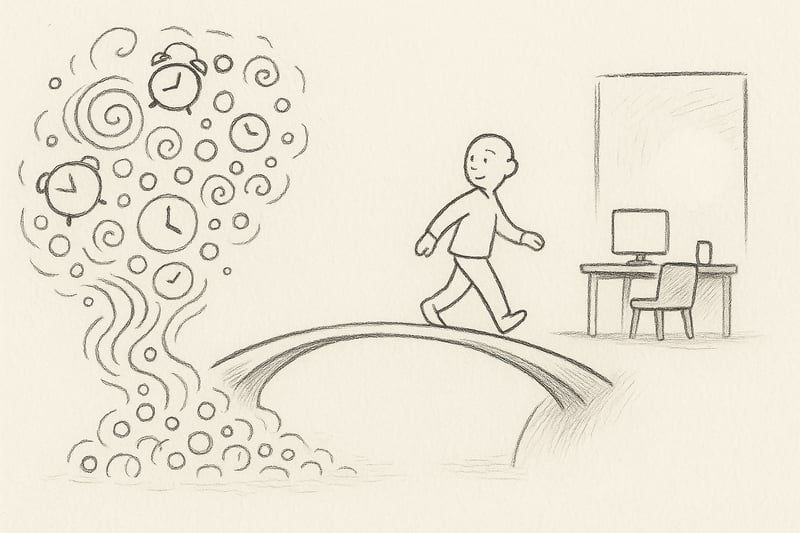 Handgetekende figuur die een storm van meldingen doorstaat en via een smalle brug naar een rustige werkplek loopt, symbool voor focus en herstel.
