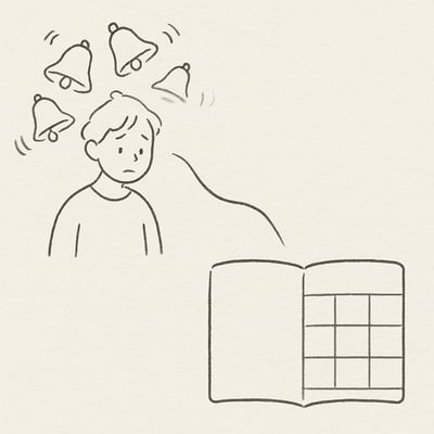 Handgetekende transitie van chaotische meldingen naar rustige planning met één duidelijke prioriteit, die verlichting en focus uitdrukt.