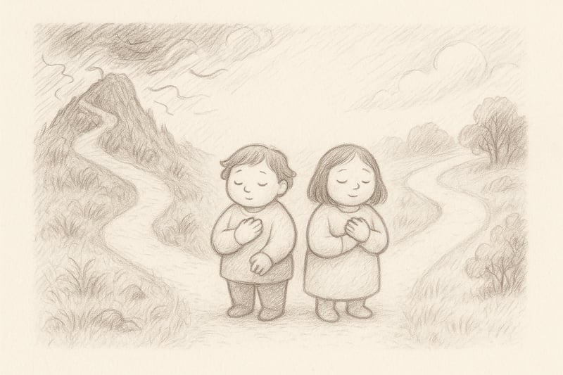 Zwei handgezeichnete Figuren stehen vor Wegweisern: Pfeil Eile und Pfeil Klarheit; sie waehlen den ruhigen Pfad; weiche Linien, ohne Text.