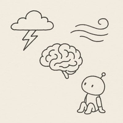 Skizze eines Gehirns zwischen Blitz und Windstille, kleine Android-Figur beobachtet achtsam; gefuehlvoll, minimalistisch, ohne Text.