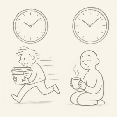 Handgezeichnete Person eilt mit Papierstapel an Uhren vorbei, daneben sitzt jemand ruhig mit Kaffee; Kontrast Hektik und Ruhe, ohne Text.