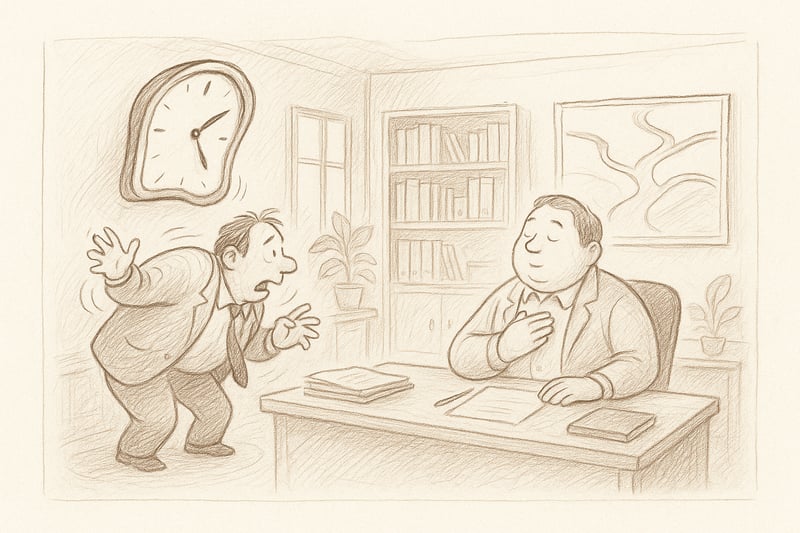 Due colleghi sotto un orologio ingrandito, uno affrettato e l’altro riflessivo; linee morbide mostrano il conflitto tra urgenza e chiarezza mentale.