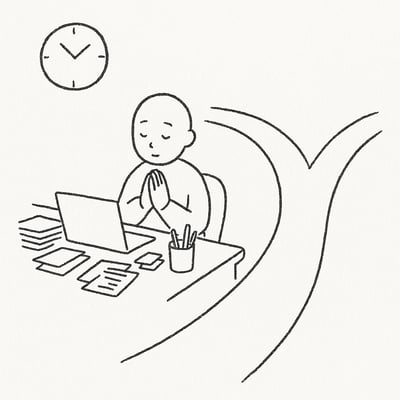 Un orologio che corre veloce vicino a una scrivania piena di carte; una persona respira profondamente prima di scegliere tra due strade.