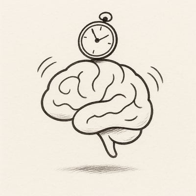 Cérebro e relógio desenhados à mão, sugerindo a tensão da pressa e uma pausa consciente, com linhas suaves e ambiente silencioso.