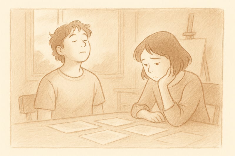 Duas figuras numa mesa ao entardecer; uma respira fundo e a outra hesita perante opções, numa sala com luz suave e calma.