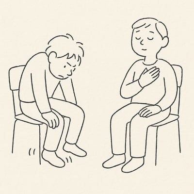 Duas figuras de trabalho; uma impaciente batendo o pé e outra respirando fundo antes de escolher, num espaço com luz suave e calma.