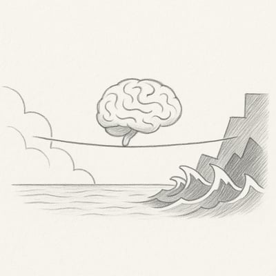Minimalistische schets van een brein dat balanceert tussen kalmte en onrust, met een fragiele lijn die wankelt onder onzichtbare tijdsdruk.
