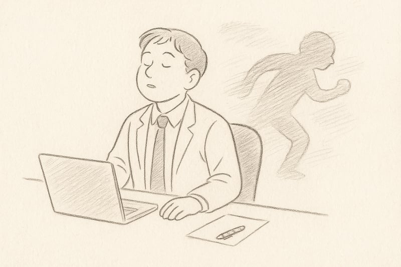 Schets van een persoon aan een bureau die bewust pauzeert voor een keuze, rust versus haast in balans, met zachte lijnen en een menselijke, warme sfeer.