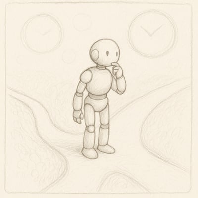 Handgetekende robot met zachte vormen die twijfelt tussen twee paden, terwijl klokken buiten beeld haast suggereren zonder te domineren.