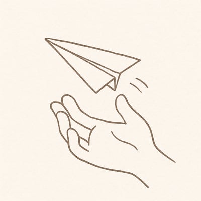 A hand holding a paper airplane just before launch, with soft motion lines suggesting poised restraint and momentum built by deliberate delay.