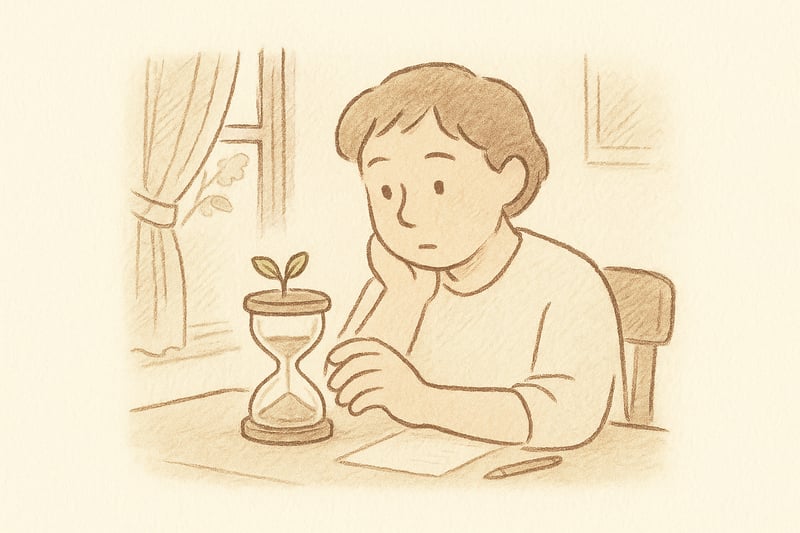 An adult pauses by a window, gently holding an hourglass sprouting leaves, suggesting patient waiting that nurtures better ideas and outcomes.