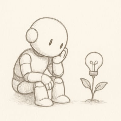 An android pauses with a finger to its chin beside a budding lightbulb plant, capturing a reflective wait before creative growth and clearer choices.