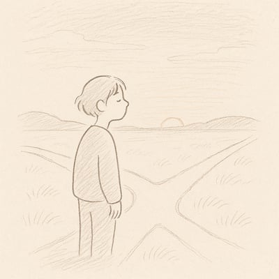 Sketch of a person stepping back from a forked path at dusk, pausing to breathe before choosing, evoking calm focus and patient clarity.