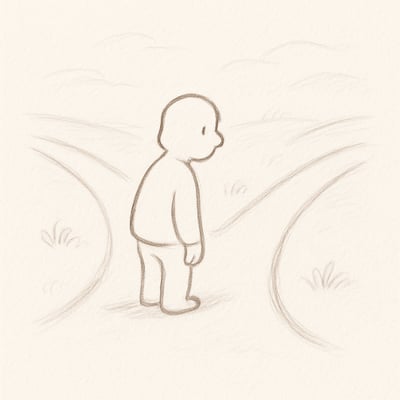 Skizze einer Weggabelung mit ruhiger Figur, die innehält; Pfeile deuten Möglichkeiten an und symbolisieren wertvolles Warten vor der Entscheidung.