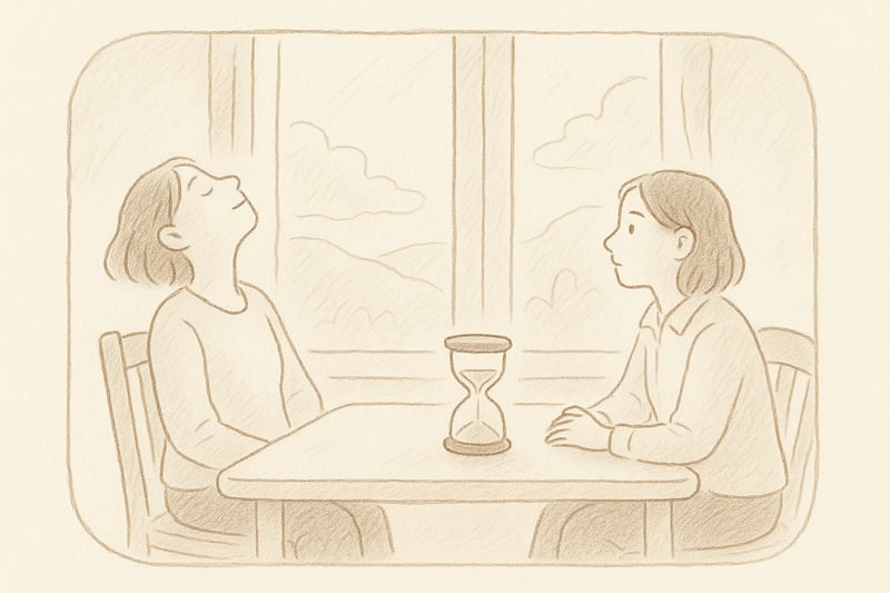 Zwei Kolleginnen blicken nachdenklich aus dem Fenster, eine Sanduhr steht auf dem Tisch; die Szene strahlt Ruhe, Klarheit und reife Entscheidungsfreude aus.