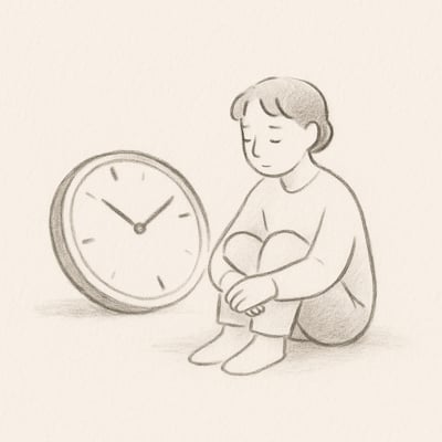 Handgezeichnete Uhr kippt sanft, Person sitzt ruhig daneben; vermittelt gelassenes Abwarten, Fokus und mentalen Abstand für klarere Entscheidungen.