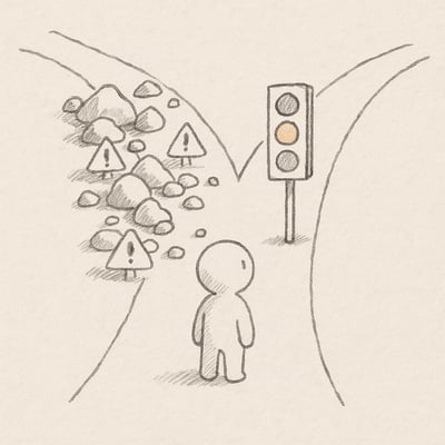 Dos caminos se cruzan: uno con rocas y señales de alerta y otro despejado con hojas; una figura duda y mira un semáforo en ámbar.