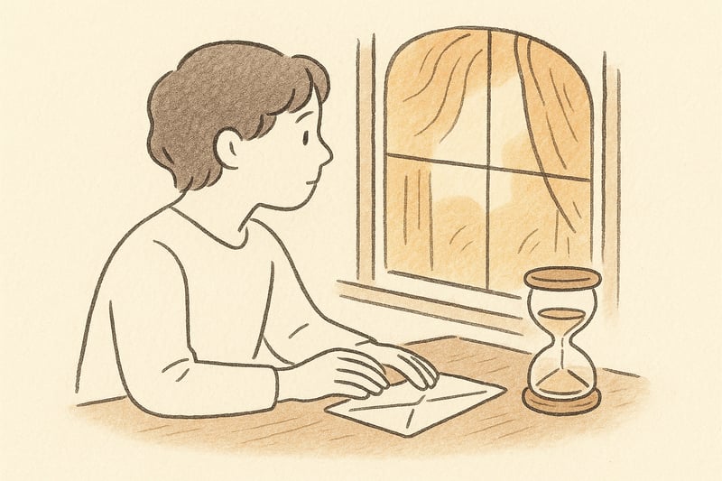 Una figura adulta observa un reloj de arena en una mesa tranquila mientras una planta brota cerca; líneas suaves y ambiente sereno que sugieren pausa efectiva.