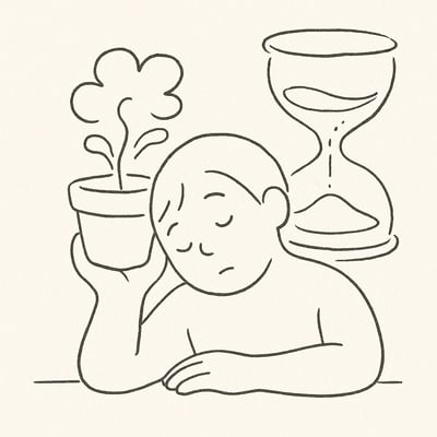 Persona se aleja del escritorio dejando brotar una planta de ideas; un reloj de arena fluye al fondo, evocando calma.