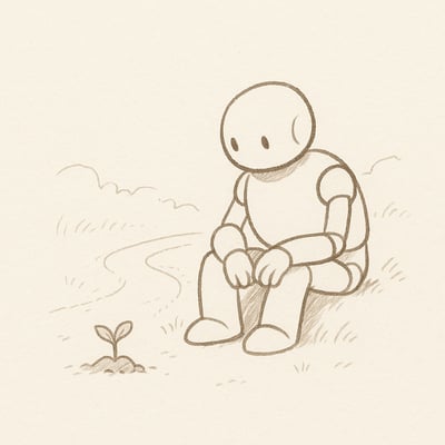 Un robot calme au bord d'un chemin observe une graine qui germe lentement, illustrant la valeur d'une pause réfléchie