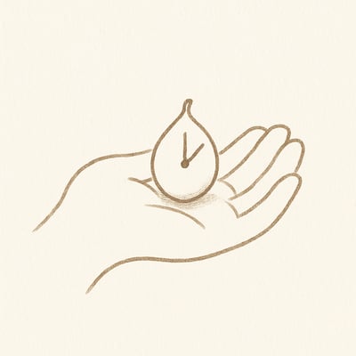 Une petite horloge-graine dans une main ouverte, symbole d'un temps de pause qui nourrit et fait germer des idées