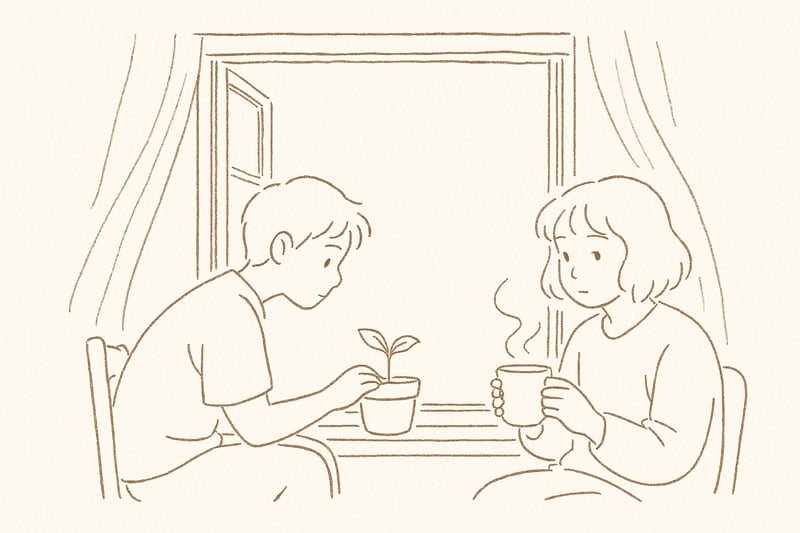 Deux adultes à une table, près d’une fenêtre, regardent une pousse sortir d’un pot, évoquant la clarté née d’une pause intentionnelle