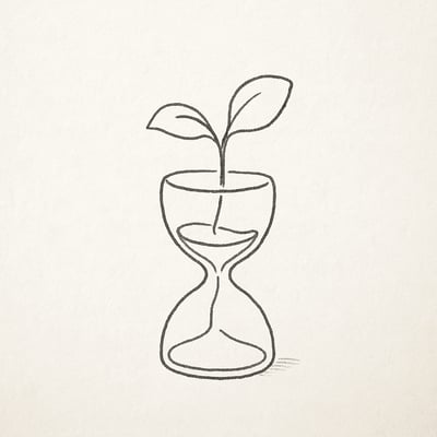 Una clessidra che si trasforma in una piccola pianta, disegno semplice che mostra come le idee crescono durante un'attesa consapevole.