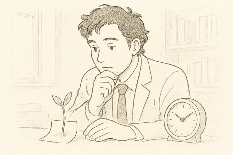 Professionista osserva un post-it che si trasforma in un germoglio vicino a un orologio; atmosfera calma che suggerisce un’attesa intenzionale e utile.