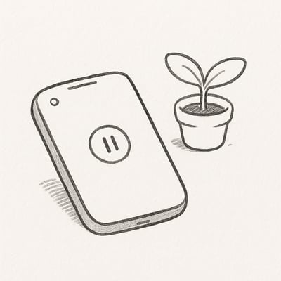 Smartphone stilizzato su un tavolo con luce soffusa e piccola pianta accanto, che rappresenta una pausa intenzionale prima di agire.