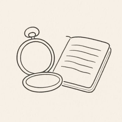 Relógio de bolso aberto ao lado de um caderno, em traços orgânicos, simbolizando tempo de maturação para que ideias ganhem clareza e originalidade.