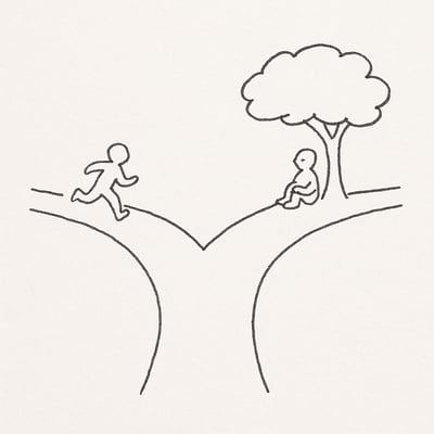 Ilustração minimalista mostra duas rotas: uma apressada e outra em pausa sob uma árvore, sugerindo que parar para refletir pode levar a escolhas mais sábias.