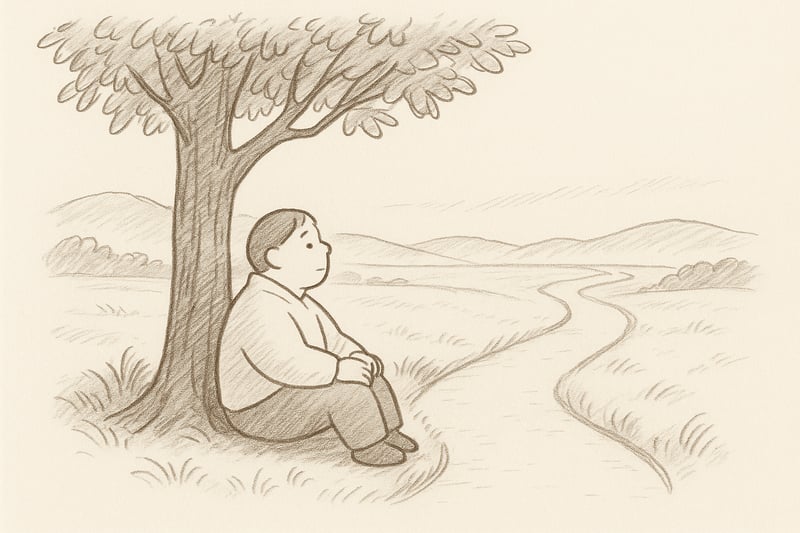 Pessoa adulta sentada sob uma árvore junto a um caminho bifurcado, respirando fundo antes de escolher a direção, transmitindo calma e intenção consciente.