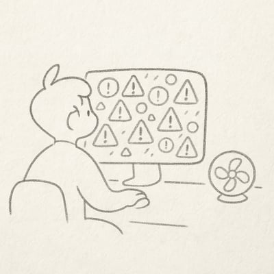 Croquis d'un cadre submergé de notifications, observant une petite roue qui tourne, symbole d'un rituel pour ralentir et décider.