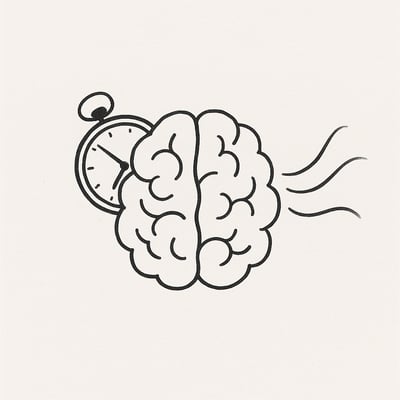 Illustration minimaliste d'un cerveau entre une horloge oppressante et une respiration apaisée, suggérant tension et calme.