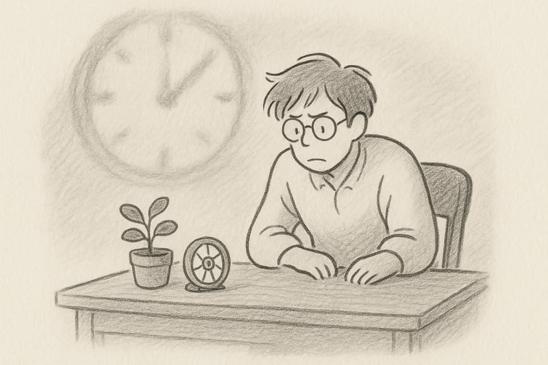 Croquis monochrome d’un visage entre une horloge pressante et une main sur le cœur, évoquant la bascule du stress vers une décision posée.