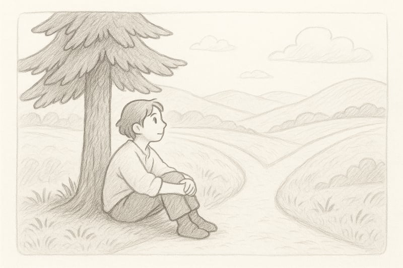 Ruhige Person unter Tanne an einer Weggabelung, atmet bewusst und blickt in die Ferne; die Szene vermittelt Gelassenheit vor einer Wahl.